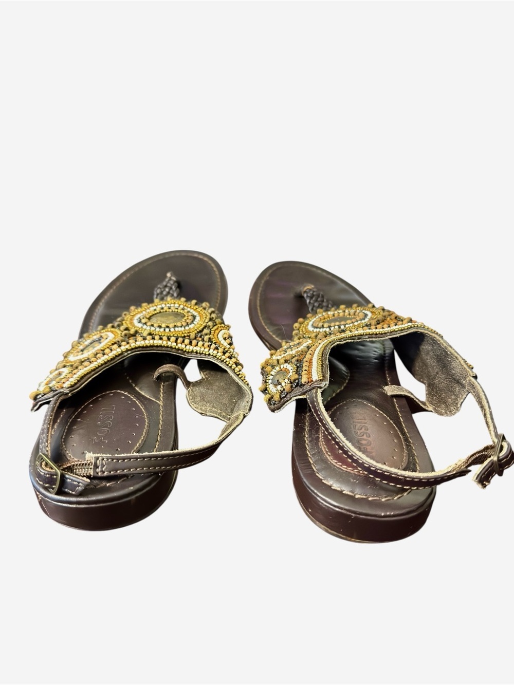 Fossil Size 10 Brown Beaded Leather Thong Sandals Boho Slingback Gladiator - Picture 5 of 11